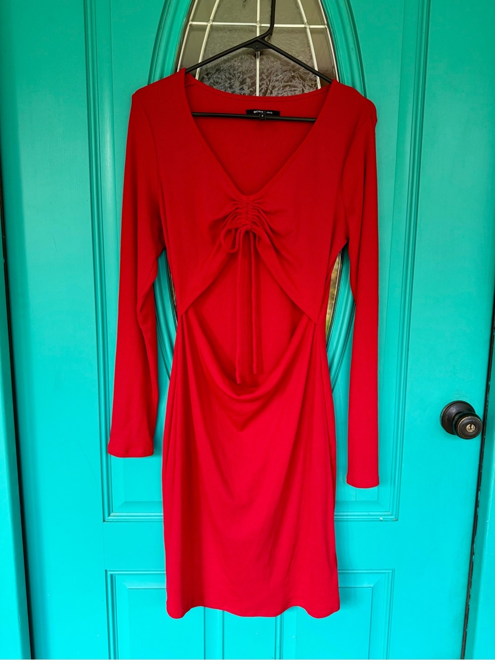 BCBG Red Long-Sleeve Ruched Front Dress